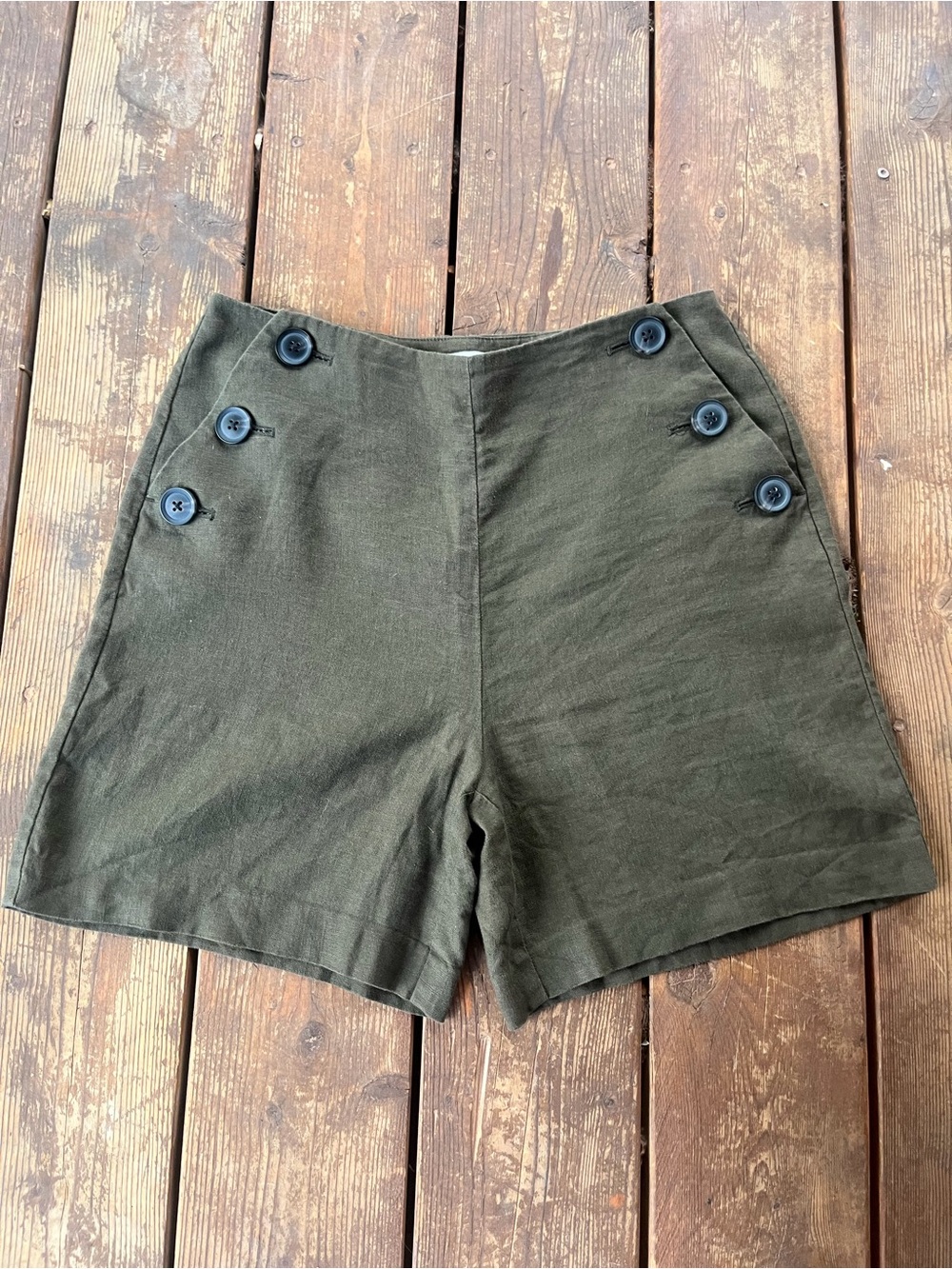 Boden Olive Green High-Waist Linen Button Sailor Shorts